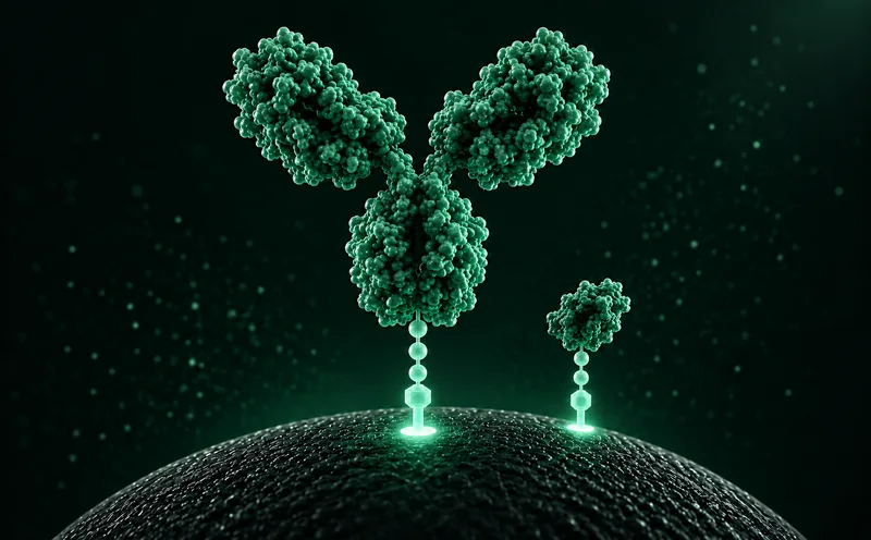 A Y-shaped green antibody standing upright on a glowing tether on a dark bead, binding arms open, with a smaller nanobody beside it.