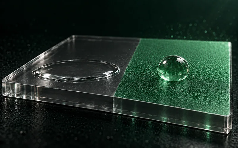 A clear plastic slab, half bare and half covered by a fine green coating, with a water droplet spread flat on the bare half and beaded up on the coated half.