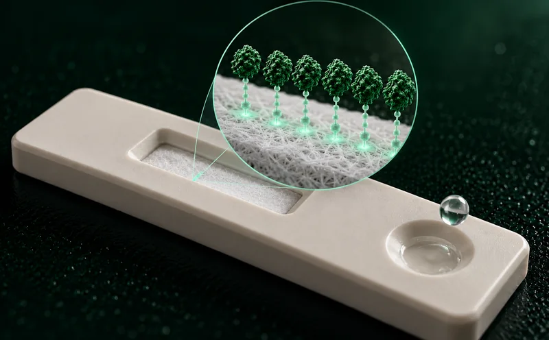 A white lateral flow cassette with a sample drop at its well and a magnified inset showing tethered capture molecules standing on the strip.