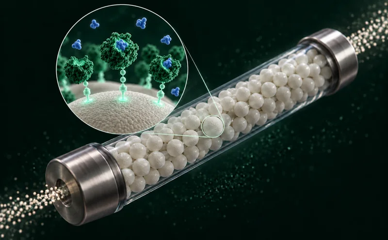 A glass column packed with pale beads between steel end fittings, with a magnified inset of one bead showing tethered enzymes and small blue substrate molecules.