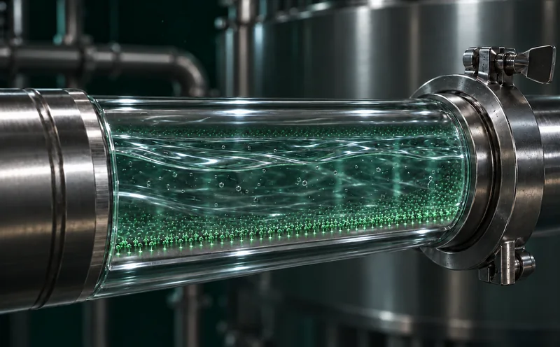A clear-walled section of stainless-steel process pipe with liquid flowing past a lawn of tiny glowing tethered proteins lining its inner wall.