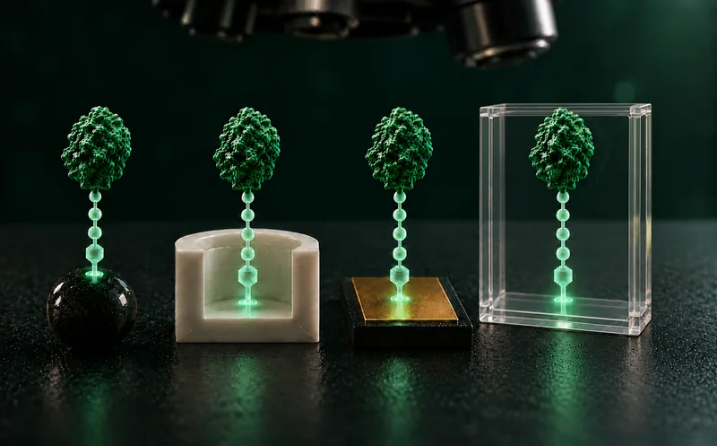 Four formats on a bench, a dark bead, a plate well, a gold electrode chip and a clear cell, each carrying the same green protein on a glowing tether, with a microscope turret above.