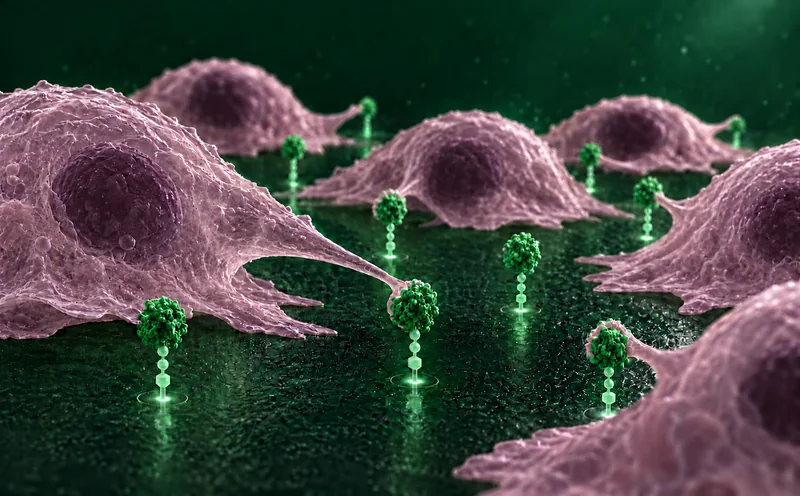 Spreading mammalian cells on a dark culture surface among small upright green proteins on glowing tethers, one cell reaching toward a protein.