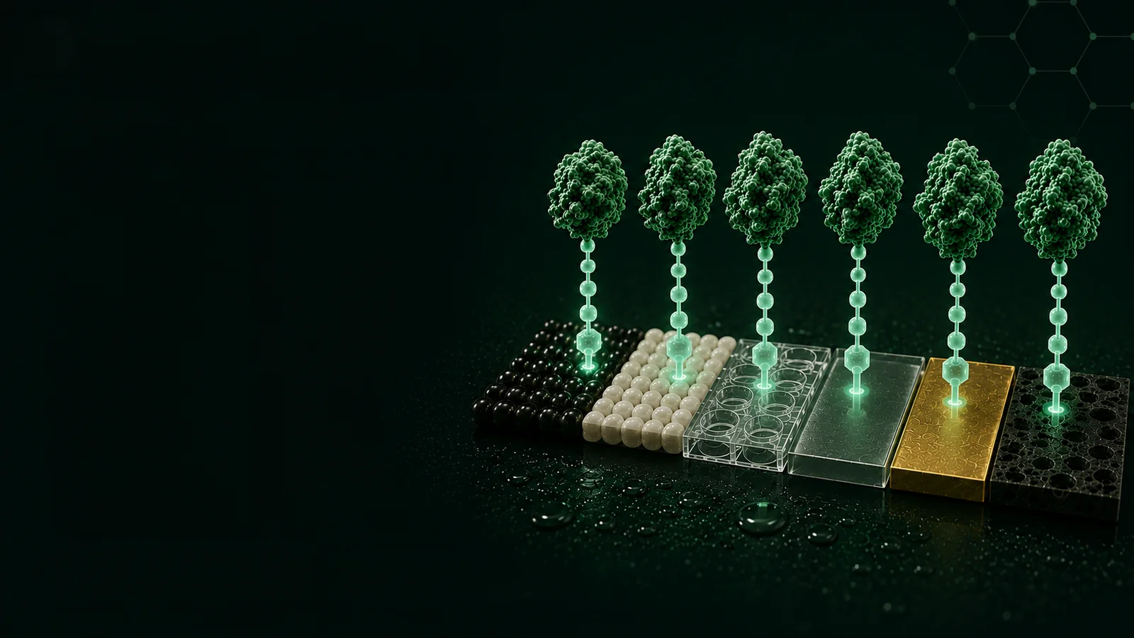 Six PepLock-tagged green proteins standing on bead-chain tethers, one on each of six surfaces in a row: dark beads, pale beads, a clear multi-well plastic, a clear plastic slab, a gold slab and a porous carbon slab.