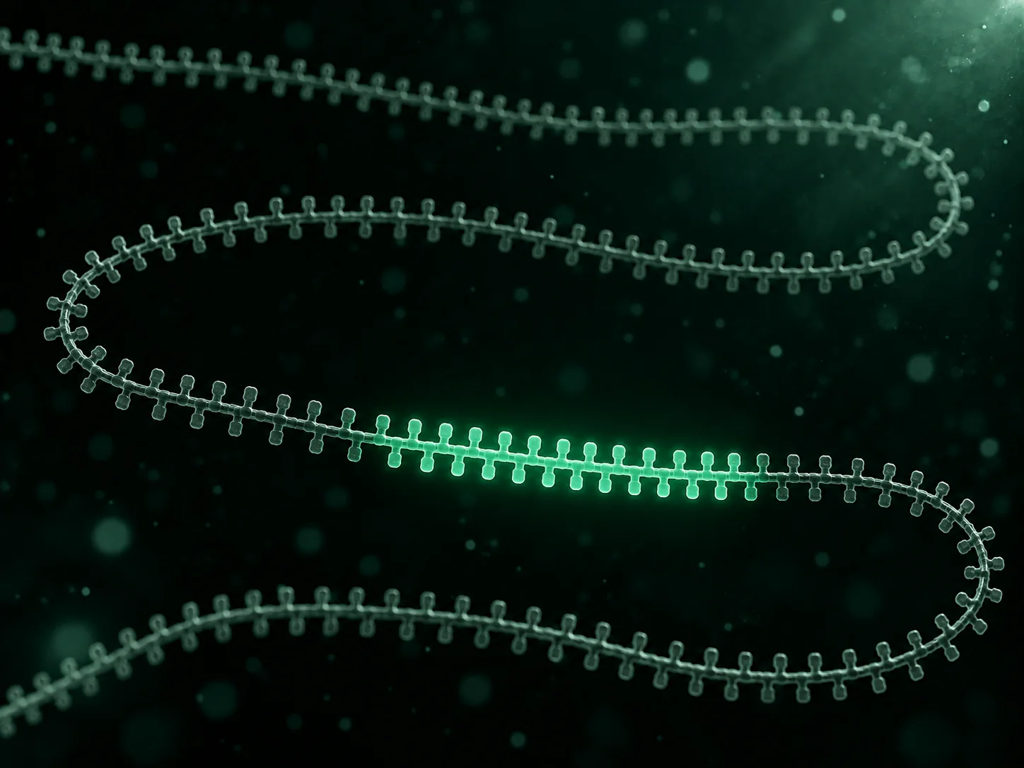 A long translucent molecular chain winding through the dark, with one short segment glowing mint green.