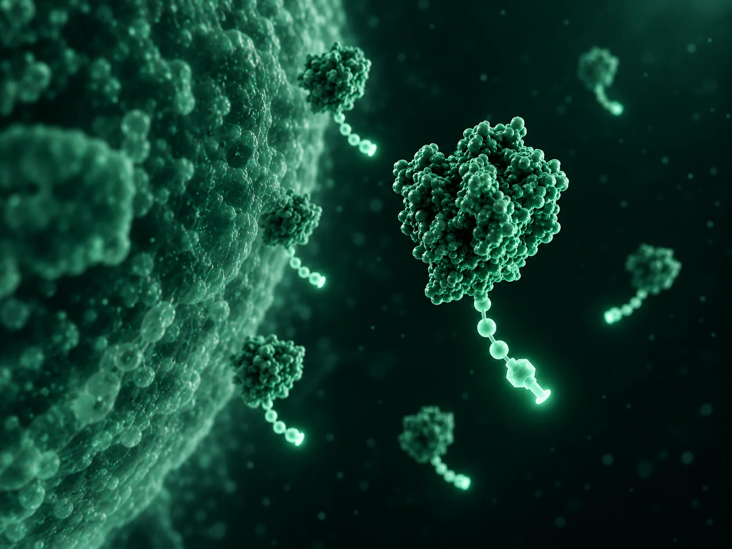 Green proteins drifting away from a cell surface, each trailing a short glowing tether.