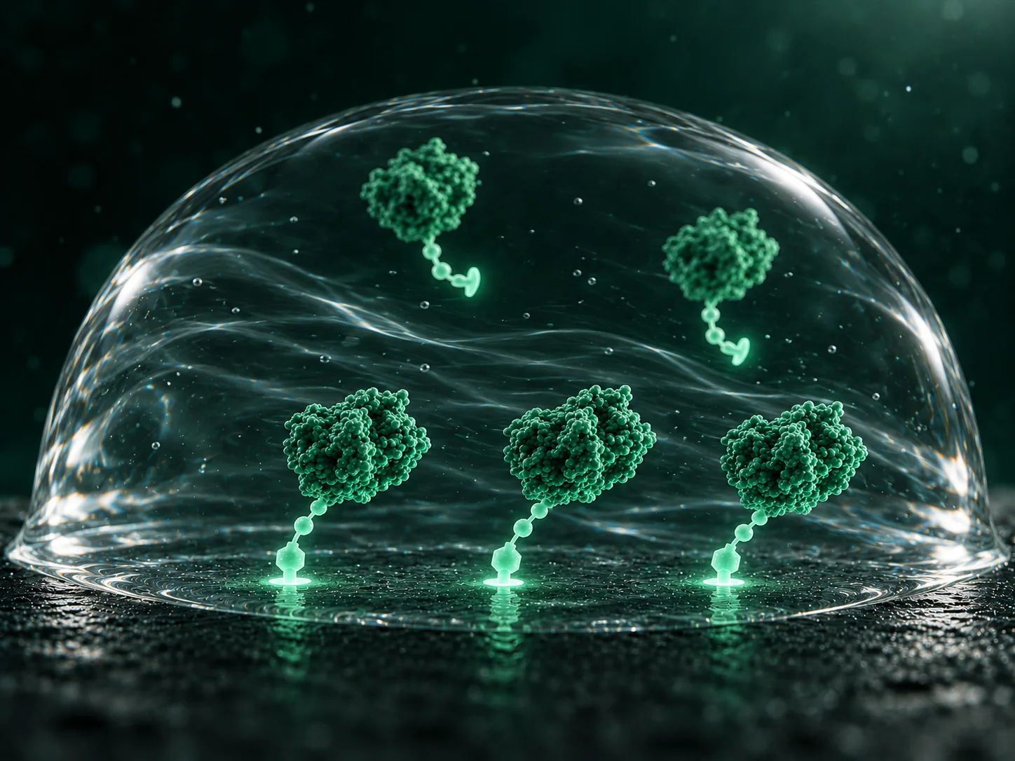 Inside a clear droplet on a dark surface, three green proteins stand on glowing tethers while two more descend, tether first.