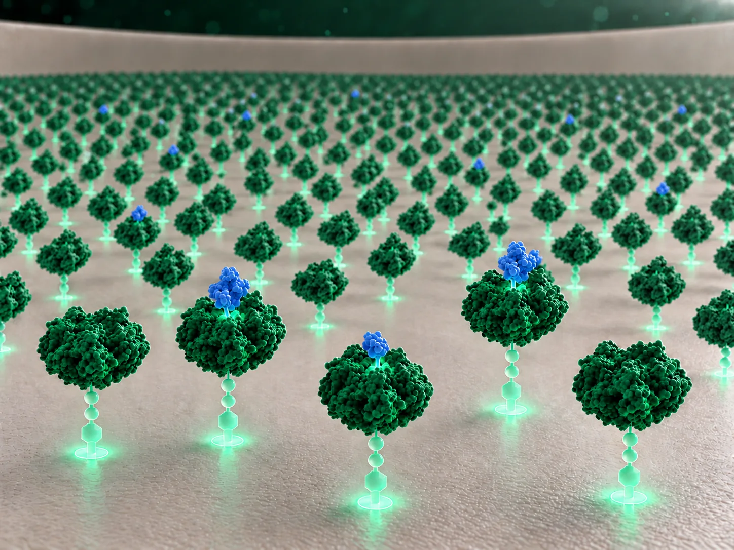 A field of upright green proteins on glowing tethers inside an off-white plate well, several with a small blue molecule docked on top.
